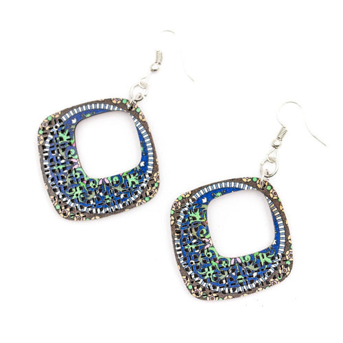 wood earrings Diamond blue color printed